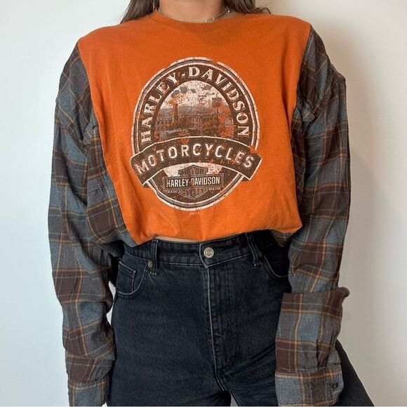 Reworked Upcycled Harley-Davidson Long Sleeve Plaid Flannel Loose Fit Shirt Top - Picture 1 of 4